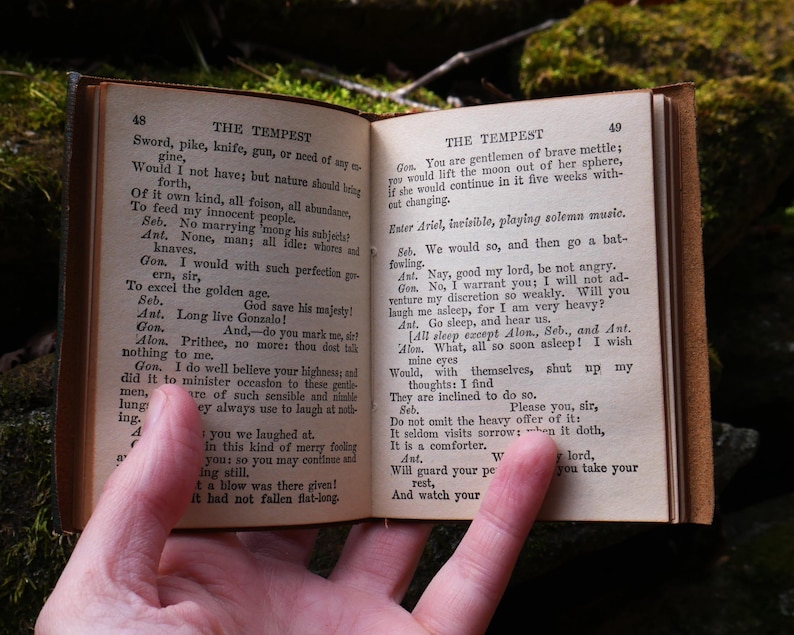 May include: An open, antique book with aged, yellowed pages, held by a hand. The text, from "The Tempest," is visible, with the chapter title and page numbers. The book has a brown leather cover and is set against a blurred green background.