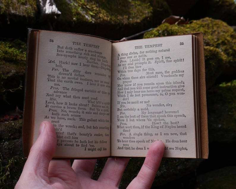 May include: An open, antique book with aged, yellowed pages. The text, titled "THE TEMPEST," is visible on both pages. The book is held open, revealing the text and the aged leather binding. The background is a natural, mossy setting.