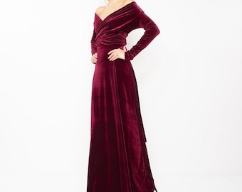 Velvet long Sleeve Dress Maxi Dress velvet Bridesmaid Dress Prom Dress Wedding Dress Convertible Front-to-Back Cocktail Gown Made In USA.