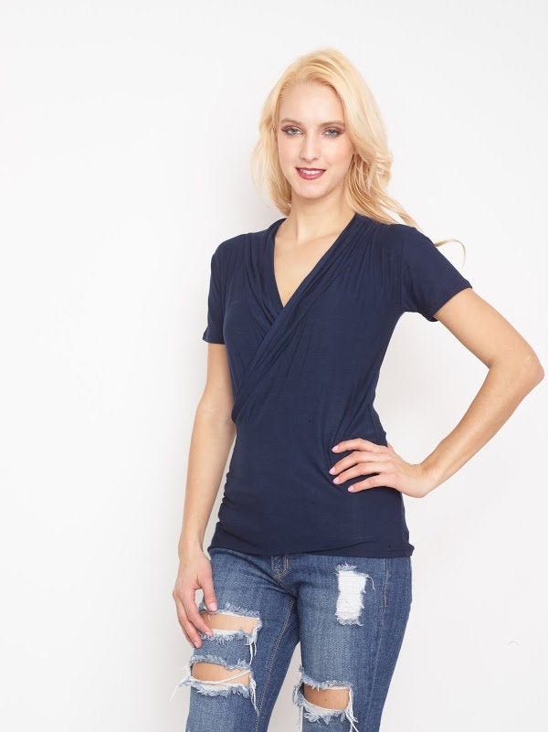 V Neck Short Sleeve Wrap Front Drape Dolman Top Crossover Top  - Made in USA !