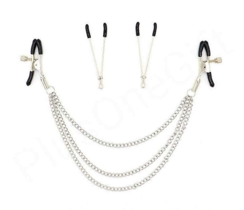 Nipple Clamp Set & Chain Clip Clamps BDSM Bondage Metal Game Sex Toy 