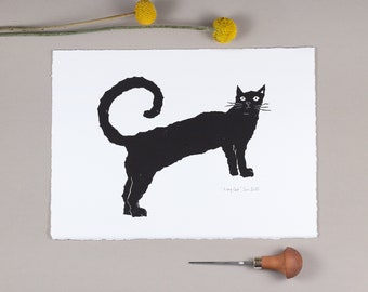 Long Cat Linocut Print, Black Cat Linocut, Cat Limited Edition Print, Original Handprinted, Black Cat Lino Block Print