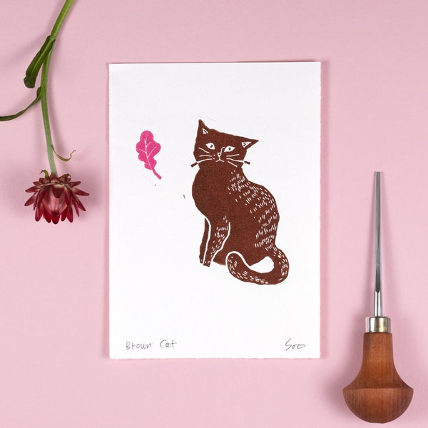 Brown Cat Linocut Print, Cute Cat Lino Block Printing, Cat with a pink leaf, Cat Original Handprinted, Limited Edition, Handmade Print