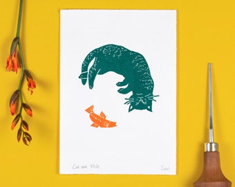 Cat and Fish Linocut Print, Happy Cat Lino Print, Pet Wall Art, Original Handmade Print, Handprinted Animal
