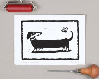 Sausage Dog & Bee Linocut Print, Dachshund Lino Print, Cute Dog Art Print, Wiener Dog Original Handprinted, Dog Handmade Print