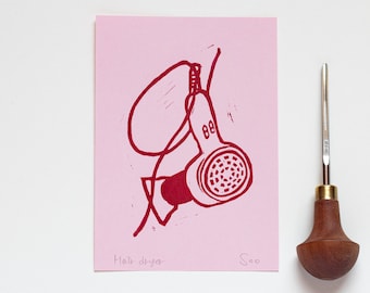 Hair Dryer Linocut Print, Hair Dryer Lino Print, Hair Salon Decor, Hair Stylist gift.