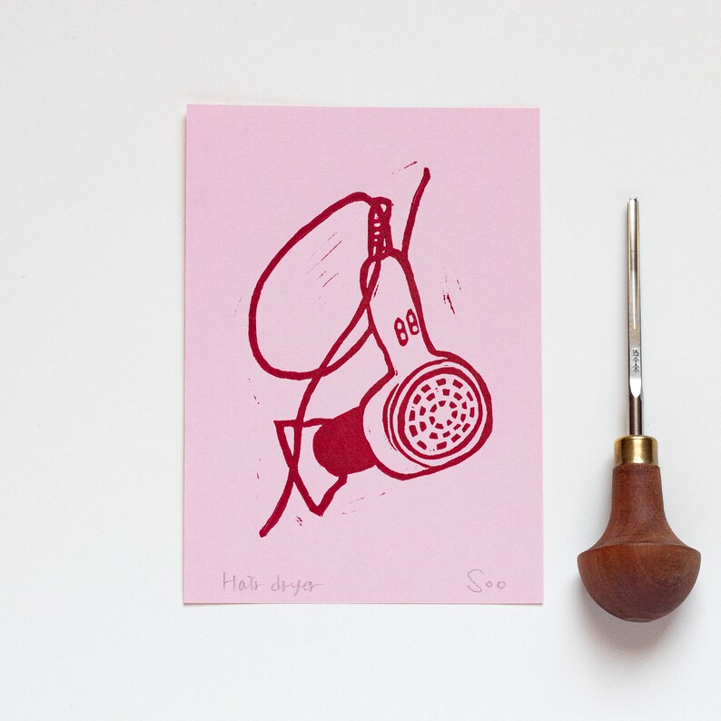 Hair Dryer Linocut Print, Hair Dryer Lino Print, Hair Salon Decor, Hair Stylist gift. 画像 1