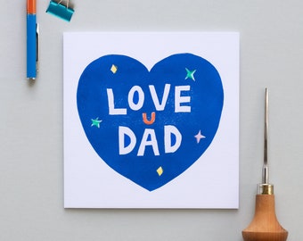 Father’s Day Card, Love You Dad Original Linocut Card, Happy Fathers Day, Big Blue Heart Card, Daddy Birthday Card