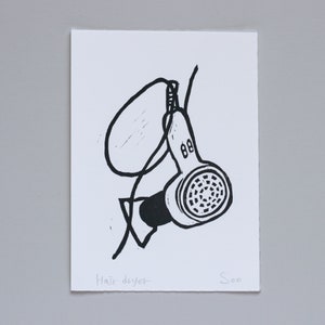 Hair Dryer Linocut Print, Hair Dryer Lino Print, Hair Salon Decor, Hair Stylist gift. ホワイト