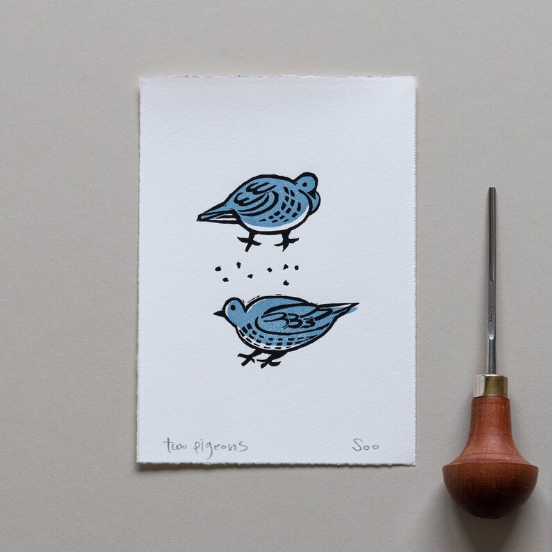 Two Pigeons Linocut Print, Pigeon Lino Print, Dove Handprinted, Bird Art Print. image 1