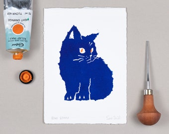 Impression linogravure chaton bleu, estampe chaton mignon, impression lino petit chaton, impression à la main, original imprimé à la main, impression lino chat