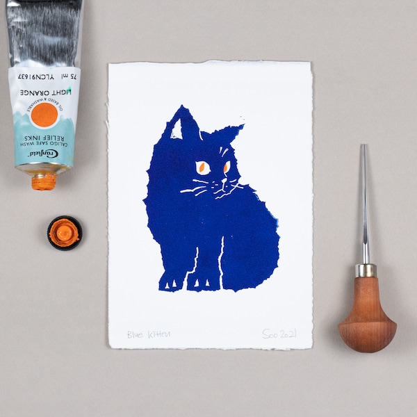 Blue Kitten Linocut Print, Cute Kitty Printmaking, Little Kitten Lino Print, Handmade Print, Original Handprinted, Cat Lino Block Printing