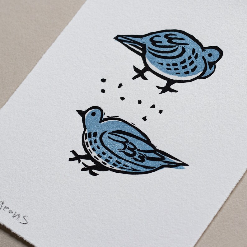 Two Pigeons Linocut Print, Pigeon Lino Print, Dove Handprinted, Bird Art Print. image 3