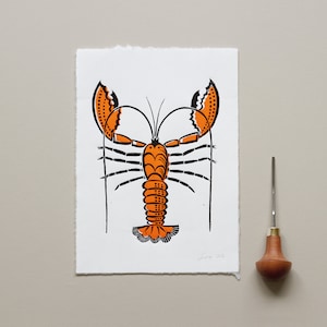 Lobster Linocut Print, Colourful Lobster Print, Seafood Wall Art, Sea animal Original Print
