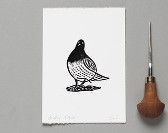 Chubby Pigeon Linocut Print, Pigeon Lino Print, Dove Handprinted, Bird Art Print.