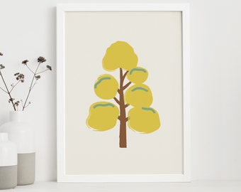 Yellow Tree Print, Organic Nature Art, Tree Illustration, Plant Drawing, Lovely Tree Poster, Baby Room Decor.