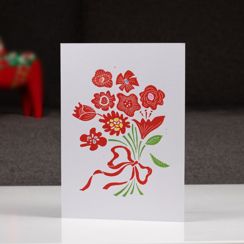 Floral Linocut Card, Red Floral Greeting Card, Flower Birthday Card, Handmade Card, Thank You Card, Botanical Card image 7