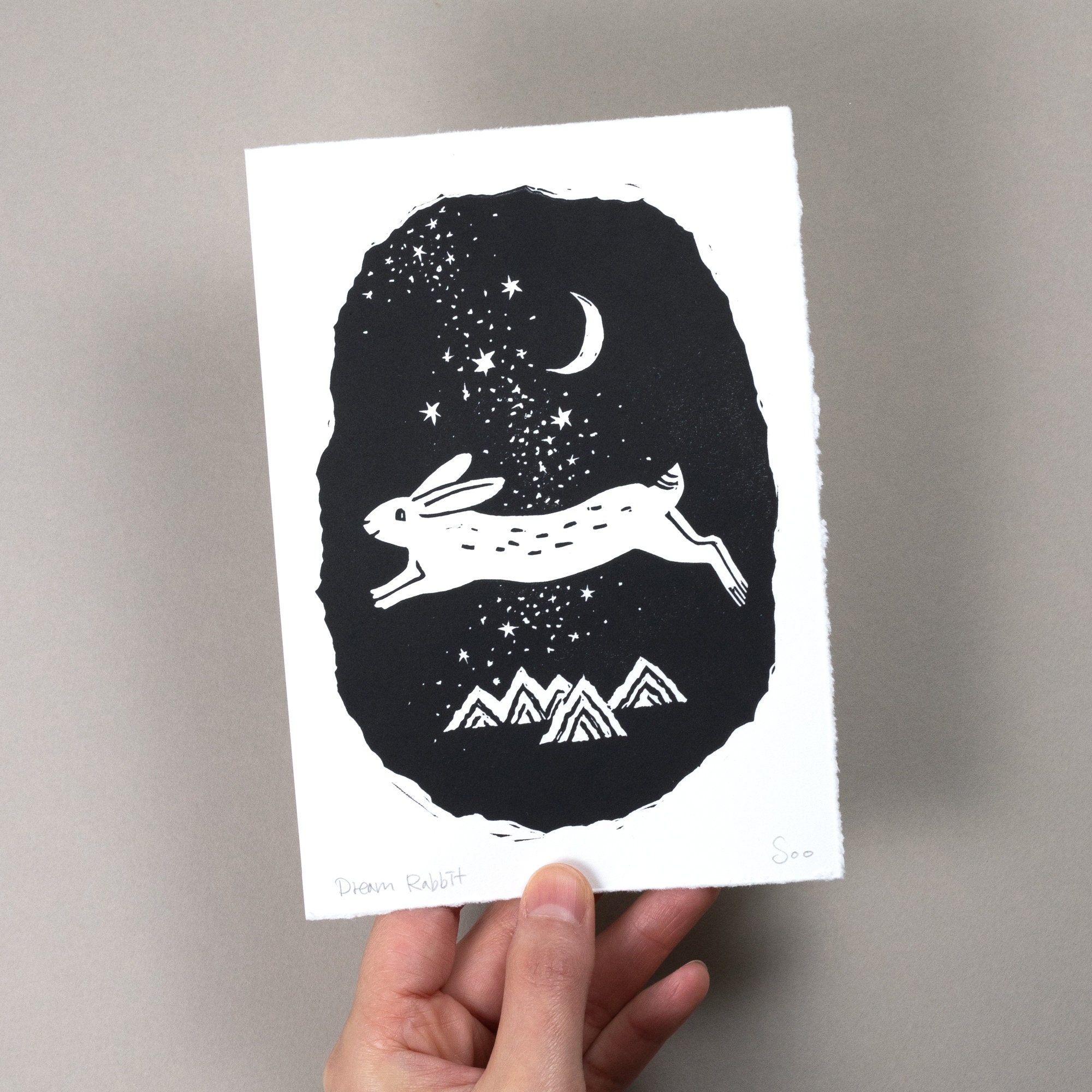 Dream Rabbit Linocut Print, Hare Printmaking, Bunny Lino Print, Rabbit ...
