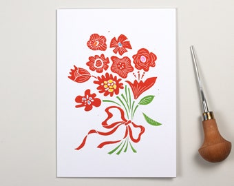 Floral Linocut Card, Red Floral Greeting Card, Flower Birthday Card, Handmade Card, Thank You Card, Botanical Card