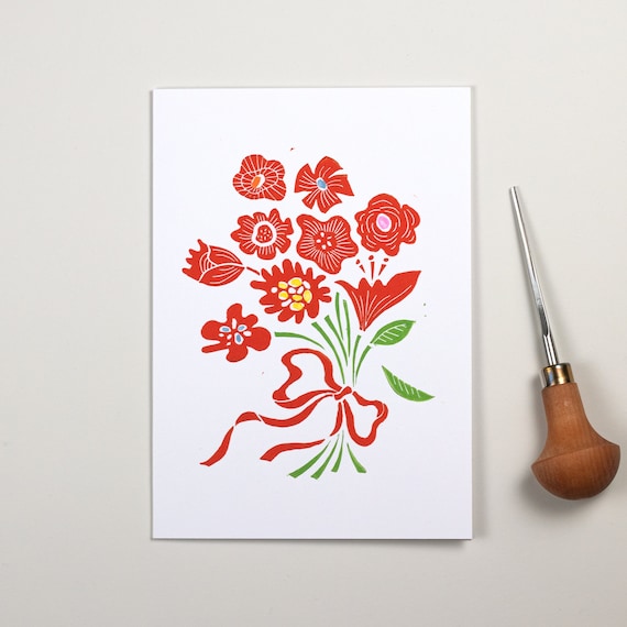 Floral Linocut Card, Red Floral Greeting Card, Flower Birthday Card, Handmade Card, Thank You Card, Botanical Card