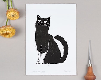 White Socks Black Cat Linocut, Black Cat Linocut Print, Black and White Handprinted, Original Cat Lino Print, Cat Printmaking