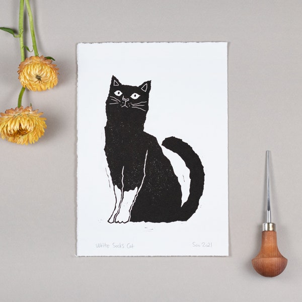 White Socks Black Cat Linocut, Black Cat Linocut Print, Black and White Handprinted, Original Cat Lino Print, Cat Printmaking