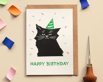 Cat Birthday Linocut Card with Party Hat, Funny Cat Birthday Card, Cat Greeting Card, Handmade Birthday Card, Cat Lover Card