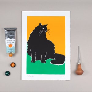 Fluffy Cat Linocut Print, Black Cat Printmaking, Chubby Cat Print, Original Handprinted Cat, Animal Lino Block Print