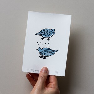 Two Pigeons Linocut Print, Pigeon Lino Print, Dove Handprinted, Bird Art Print. image 4