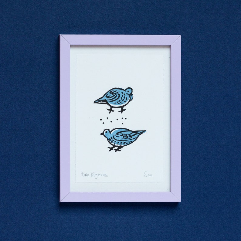 Two Pigeons Linocut Print, Pigeon Lino Print, Dove Handprinted, Bird Art Print. image 5