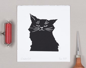 Cranky Cat Linocut Print, Angry Cat Printmaking, Black Cat Lino Block Print, Original Handprinted, Black & White Cat Art, Cat Art print