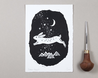 Dream Rabbit Linocut Print, Hare Printmaking, Bunny Lino Print, Rabbit with Stars & Moon, Original Handprinted, Rabbit Lino Block Printing
