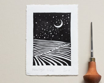 Moonlight Field Linocut Print, Night field with Moon and Stars Print, Original Handprinted Night Sky Meadow, Night Landscape Art.