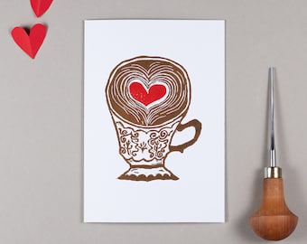 Coffee & Love Linocut Card, Mother’s Day Card, Coffee Lover Greetings Card, Love Original Handprinted Card