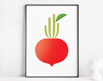 Graphic Red Radish Print, Modern Minimal Food Illustration, Abstract Vegetable Art, Foodie Poster