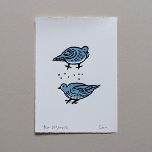 Two Pigeons Linocut Print, Pigeon Lino Print, Dove Handprinted, Bird Art Print. image 2