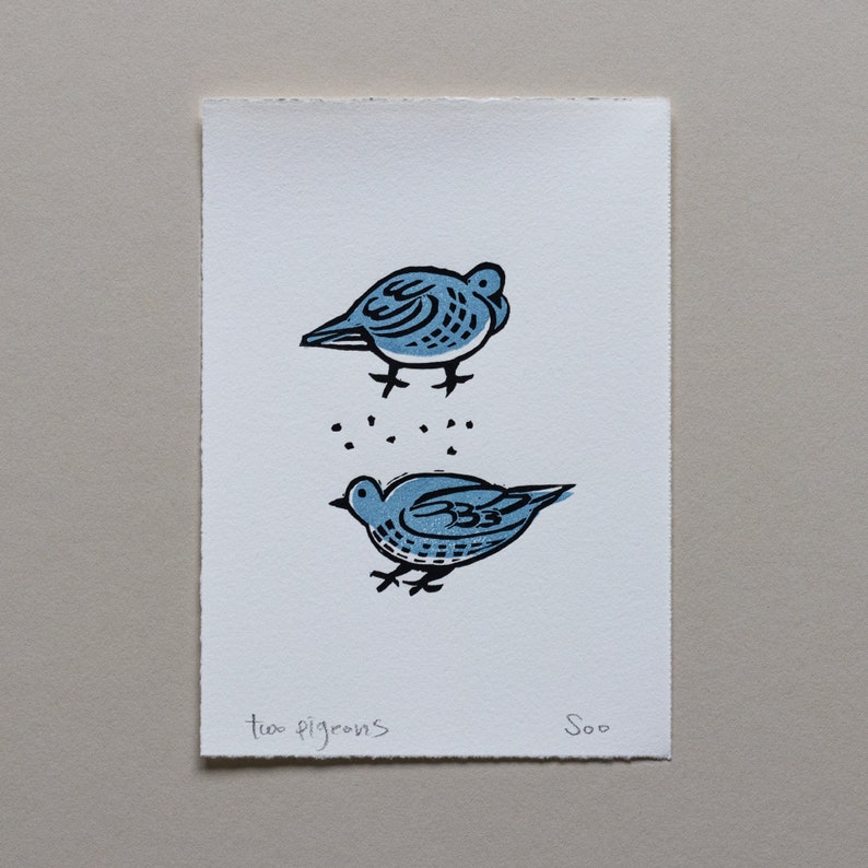 Two Pigeons Linocut Print, Pigeon Lino Print, Dove Handprinted, Bird Art Print. image 2
