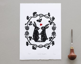 Lucky Rabbits - Original Limited Edition Linocut Print, Rabbits and Clovers Linoprint, Happy Bunnies Print, Handprinted Bunny Rabbits