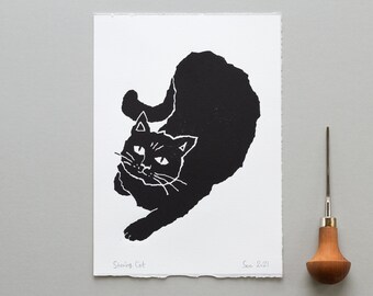 Staring Cat Linocut Print, Black Cat Lino Block Print, Original Handprinted, Cat Printmaking, Black & White Art, Meow Art Linocut
