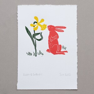Rabbit and Daffodil Linocut Print, Easter Bunny & Daffodil Linoprint ...