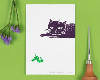 Purple Cat Linocut Print, Cat and Caterpillar Print, Funny Cat Lino Print, Grumpy Cat, Cat Original Print, Cat Handmade Print