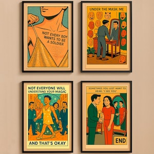 4-Piece Vintage Comic Art Digital Print Set - Retro Poster Queer Gay Art  Wall Art Lesbian Poster Gay Gift  LGBTQ Trans