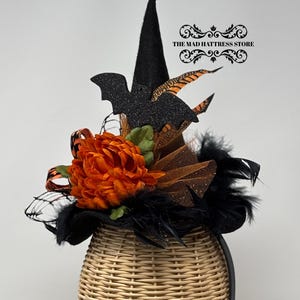Fancy Witch Hat/Fascinator/Headband/Headpiece/Black/Orange/Bat/Elegant/Chandelle Feather/Classy/Adult/Costume/Whimsical/Wicked/Chrysanthemum