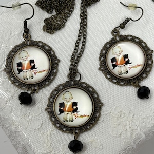 Vintage Girl with Black Cats Jewelry Set - Pendant/Chain Necklace/Halloween/Holiday/Whimsical/Black Cat/Cat jewelry/Pumpkin/Antique Brass