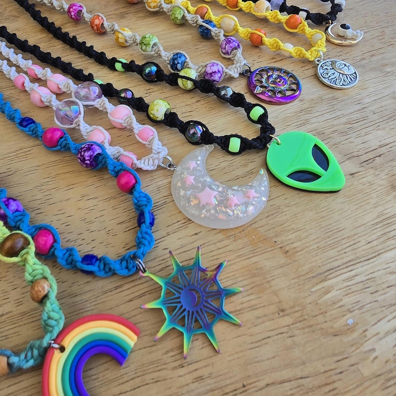 Hand-tied Hemp Celestial Pendant Necklace: Stars, Moon, Alien - Etsy