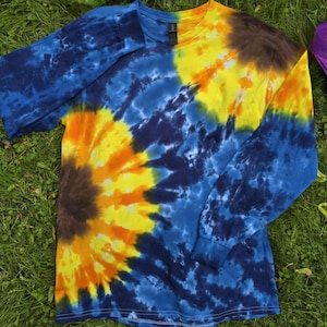 Blue Double Sunflower Tie Dye - T-Shirts Long Sleeve - S-2XL 3XL Plus Size - Hand Dyed Made to Order - Floral Tye Dye - Spring Summer