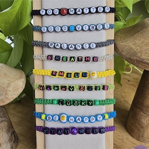 Word Positivity Hand-Tied Adjustable Beaded Hemp Bracelets | One-of-a-Kind Boho Jewelry | Gift for Men, Women, Neutral Styles Wearable Art