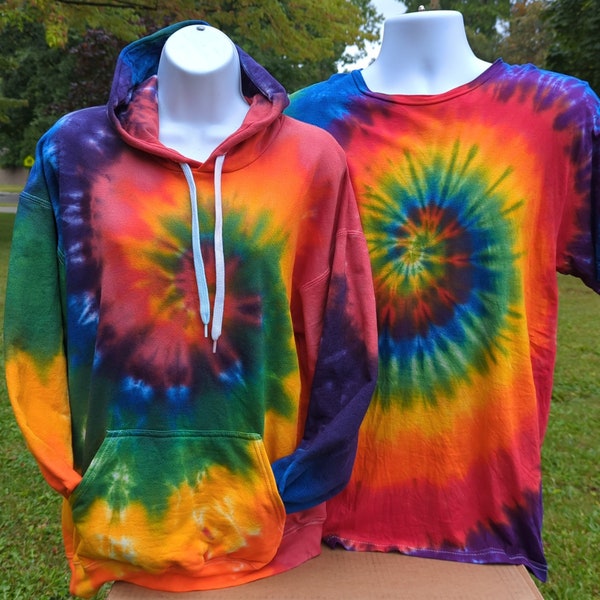 Red Rainbow Tie Dye Handmade Unique T-Shirts Long Sleeve Sweatshirts Hoodies  S-2XL 3XL Plus Size - Hand Dyed Handmade - Made to Order