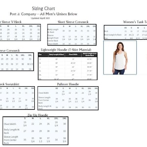May include: A sizing chart for various Port & Company apparel, including short sleeve V-neck and crewneck shirts, long sleeve crewneck, lightweight hoodie, crewneck sweatshirt, pullover hoodie, zip-up hoodie, and women's tank top. Measurements are in inches.