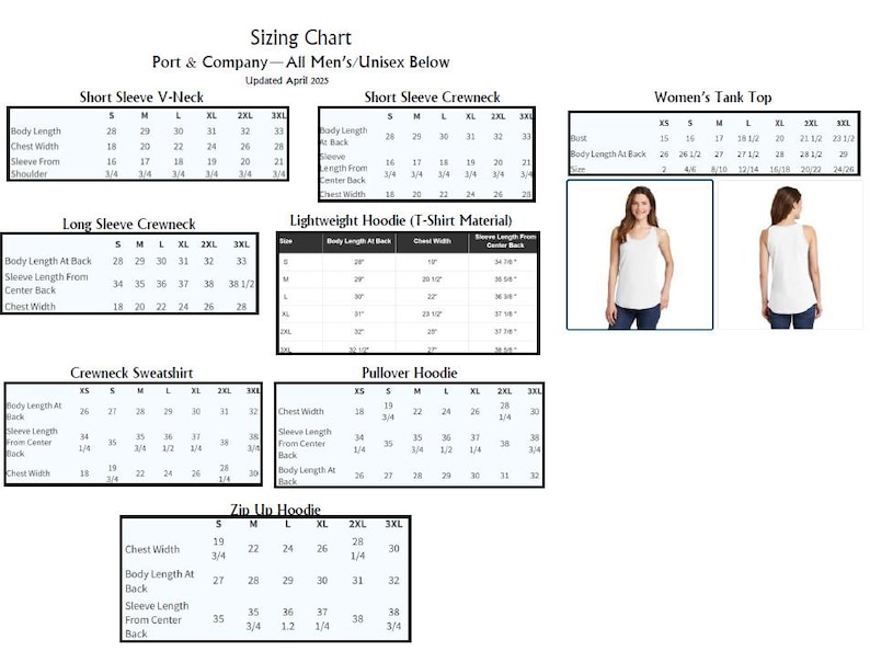 May include: A sizing chart for various Port & Company apparel, including short sleeve V-neck and crewneck shirts, long sleeve crewneck, lightweight hoodie, crewneck sweatshirt, pullover hoodie, zip-up hoodie, and women's tank top. Measurements are in inches.